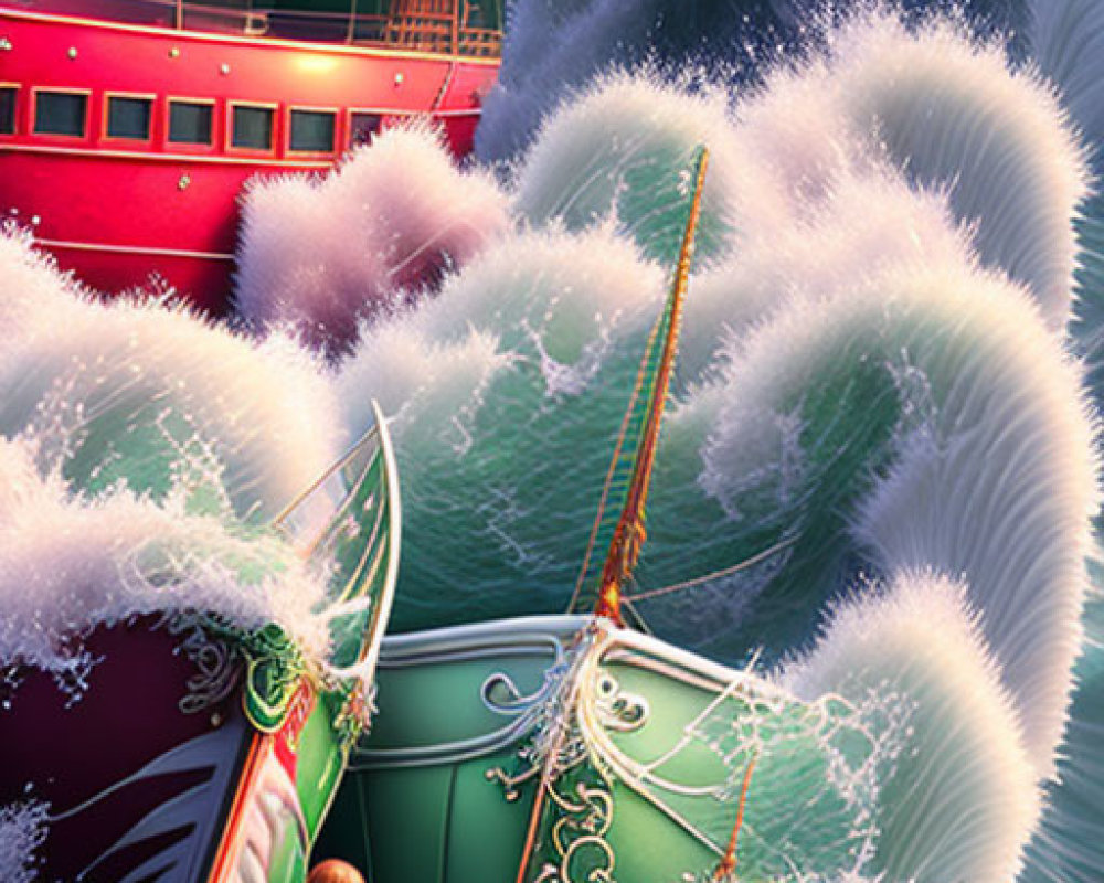 Green ornate ship navigating turbulent high sea waves under pastel sky