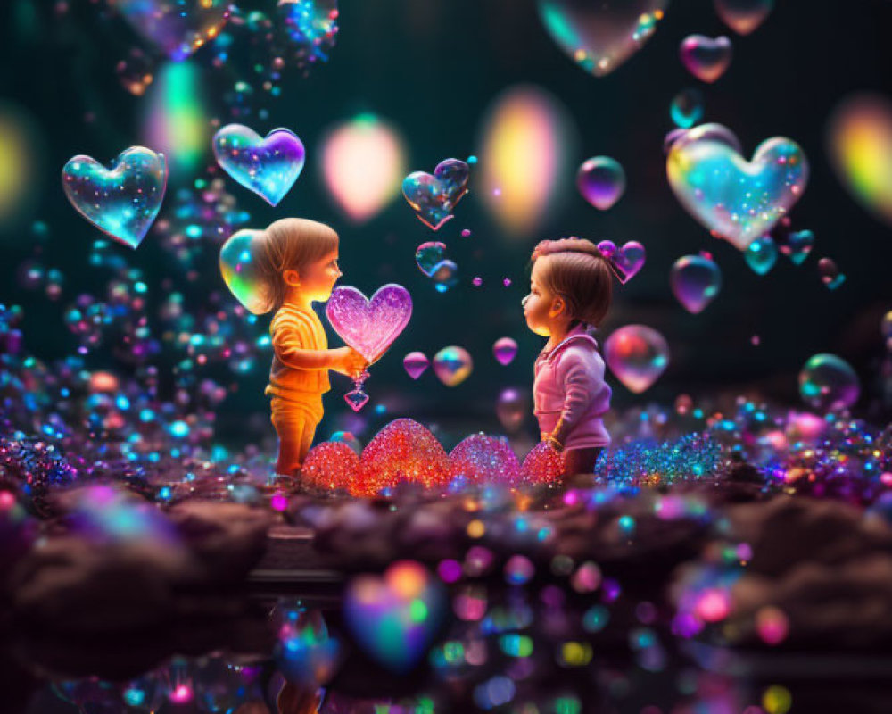 Animated children in mystical romantic setting with heart-shaped bubbles & glittering lights