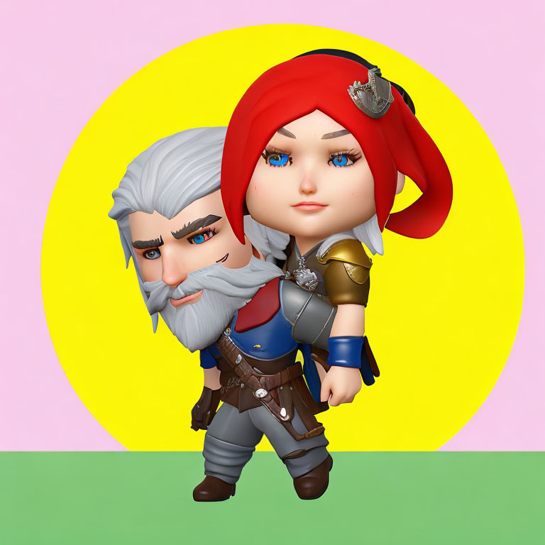 Male Dwarf and Female Warrior in Armor Against Colorful Background