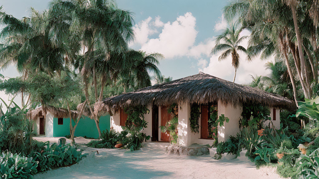 Tropical Thatched-Roof Bungalow Amid Palm Trees