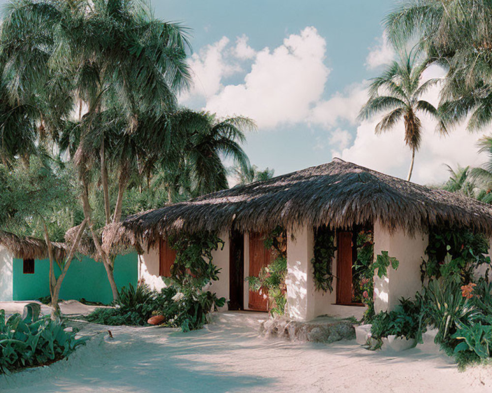 Tropical Thatched-Roof Bungalow Amid Palm Trees