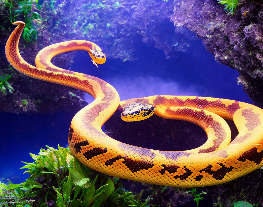 Yellow and Black Patterned Snake Swimming Underwater with Green Plants