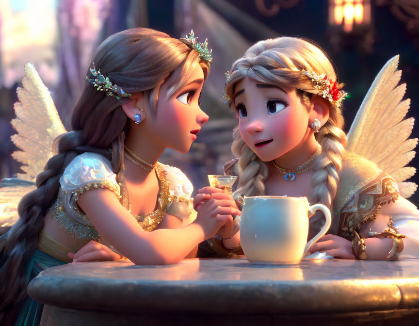 Delicate winged fairies sharing tea under warm light