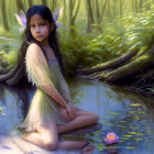 Female elf with pointed ears and ornate wings in serene wetland forest.