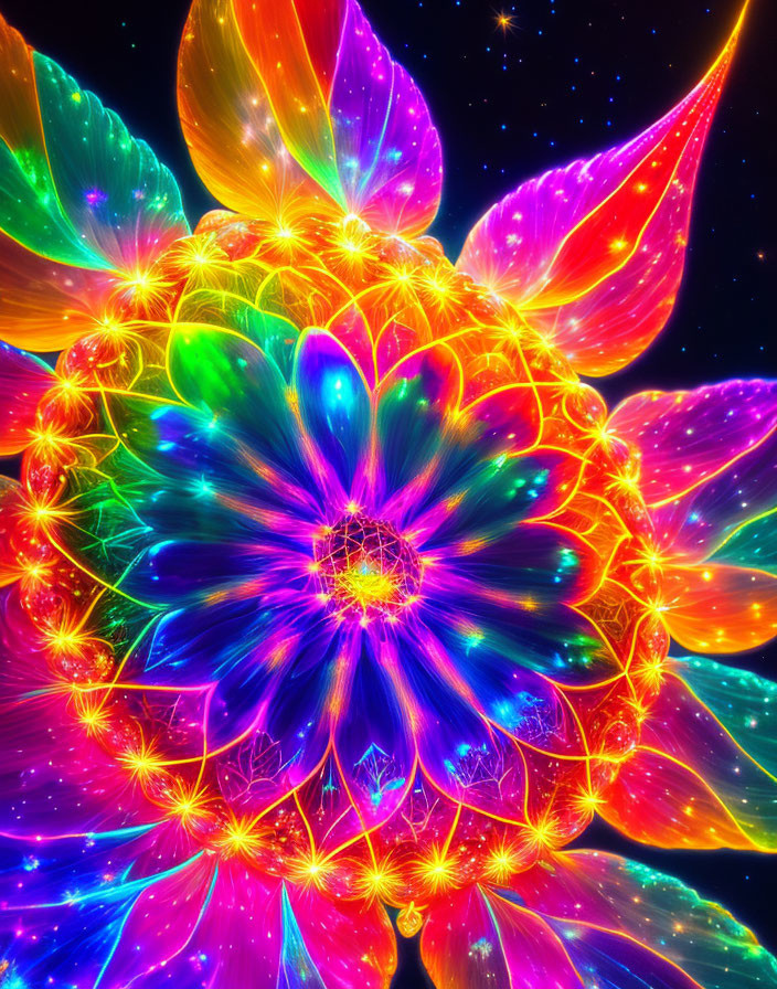 Neon Flower Digital Artwork with Cosmic Background