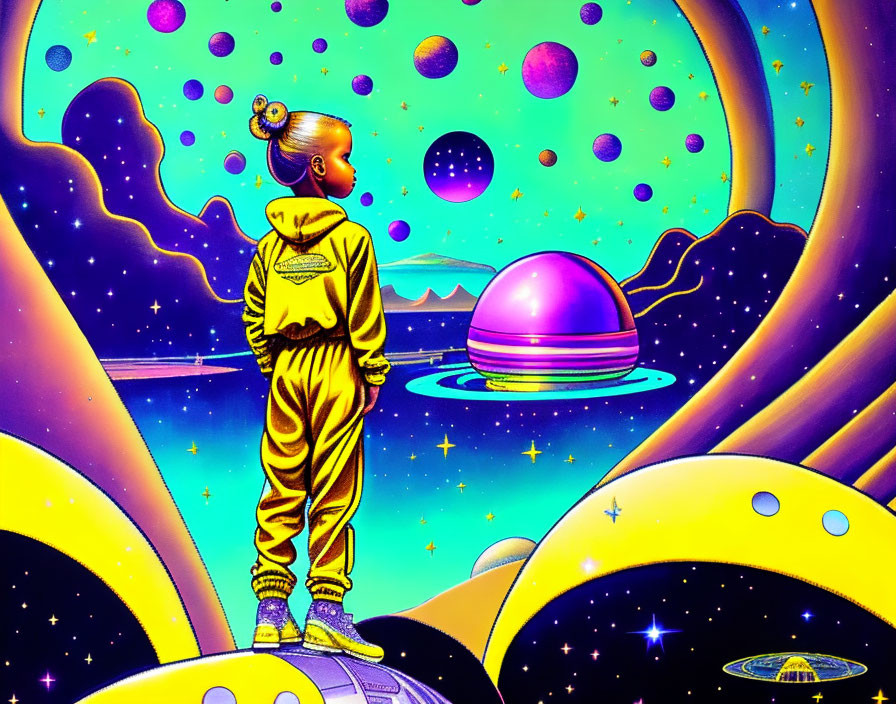 Colorful illustration of person on alien landscape with planets and stars