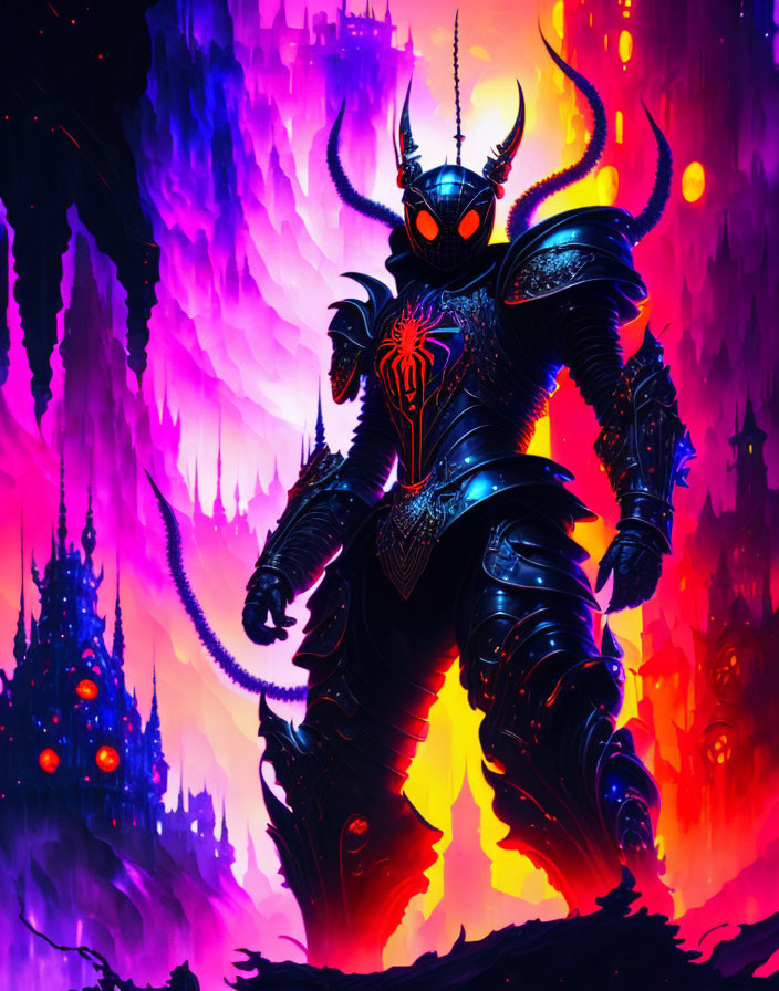 Armored figure in fiery alien landscape with vibrant purple and red tones