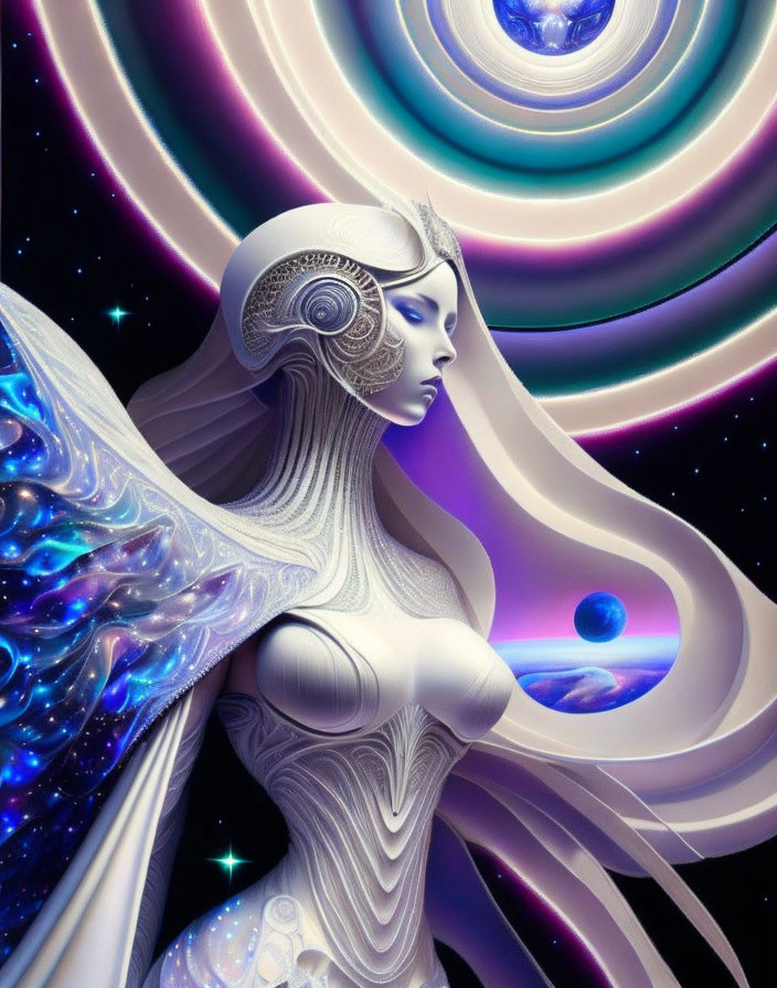 Surreal digital artwork: stylized female figure with flowing hair and wing-like structures against cosmic backdrop