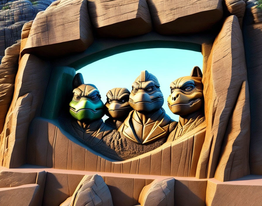 Four Ninja Turtles Peek Through Stone Opening