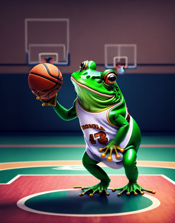 Anthropomorphic frog in basketball jersey shooting on court