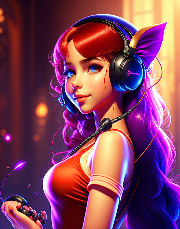 Digital illustration of red-haired woman in headset with game controller and neon background