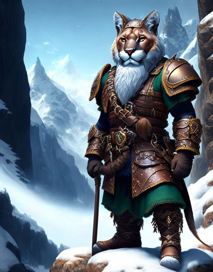 Anthropomorphic cat warrior in ornate armor on snowy mountain pass