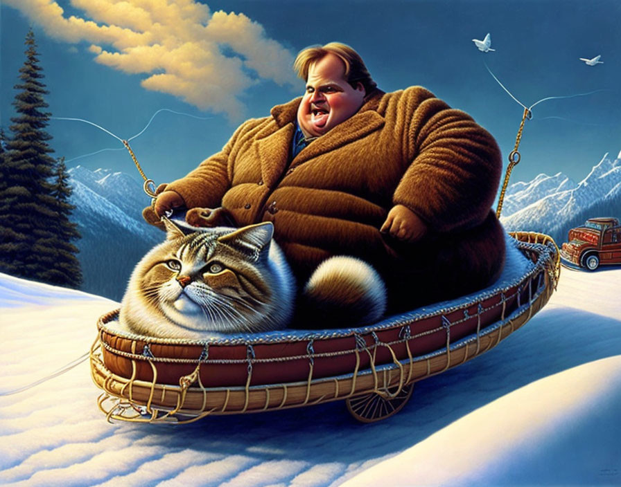 Stylized painting of person sledding with cat on snow and vintage truck