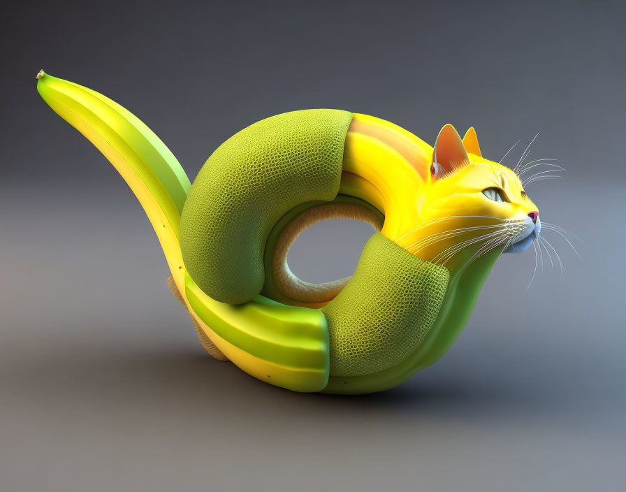 Unique 3D creature with banana body and cat head fusion