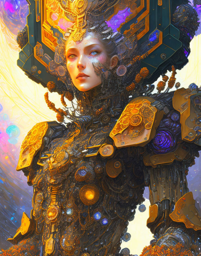 Futuristic digital artwork of woman in golden mech suit