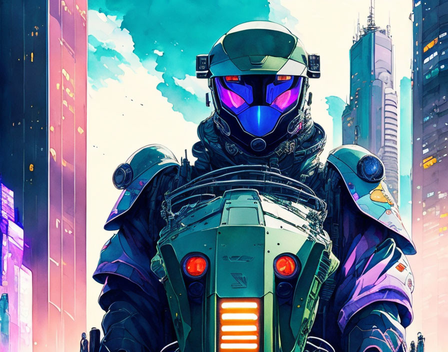 Armored character on cybernetic motorcycle in vibrant futuristic cityscape