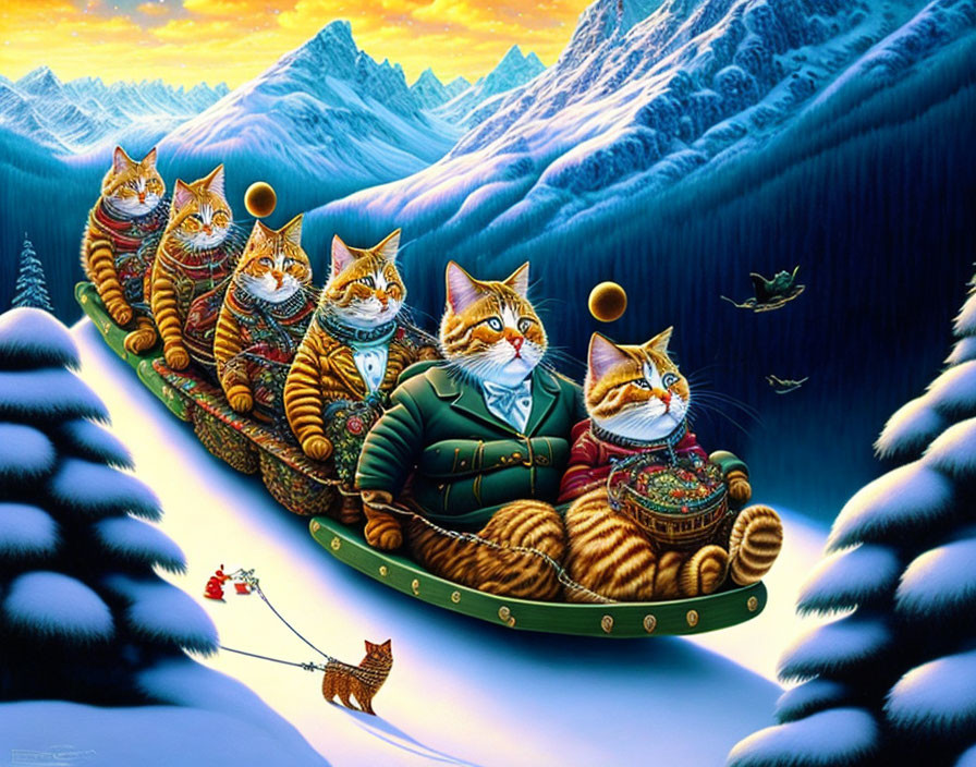 Whimsical illustration of oversized cats in regal outfits on sleigh