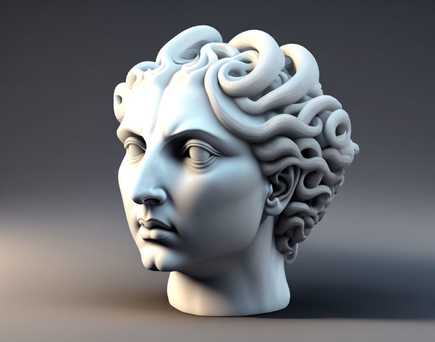 Detailed 3D rendering of classic bust sculpture with curly hair and serene expression