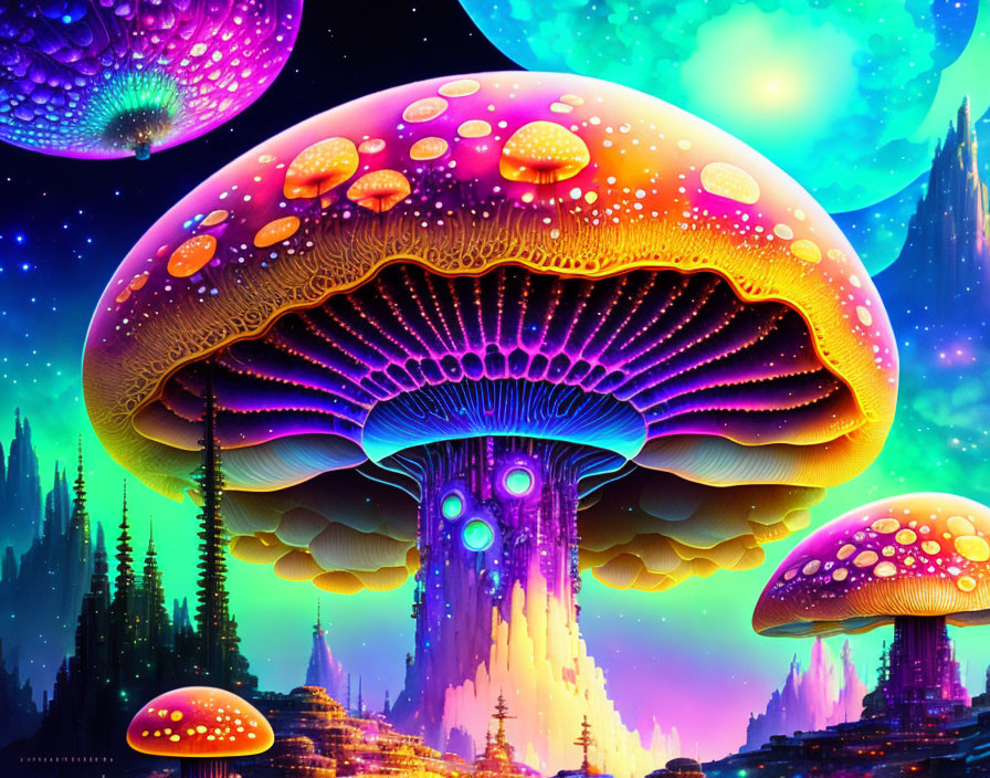 Colorful digital artwork: Psychedelic mushrooms and alien landscape under starry sky