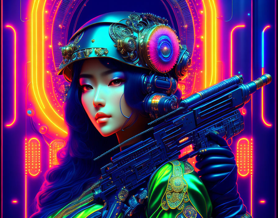 Futuristic cyberpunk digital art of woman with rifle