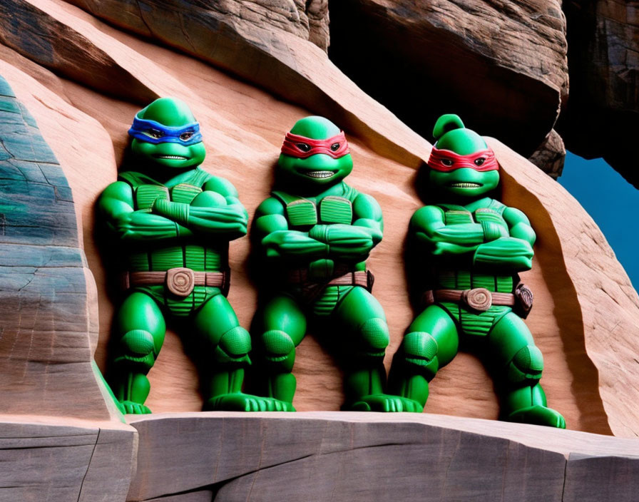 Colorful Teenage Mutant Ninja Turtle statues against rocky backdrop