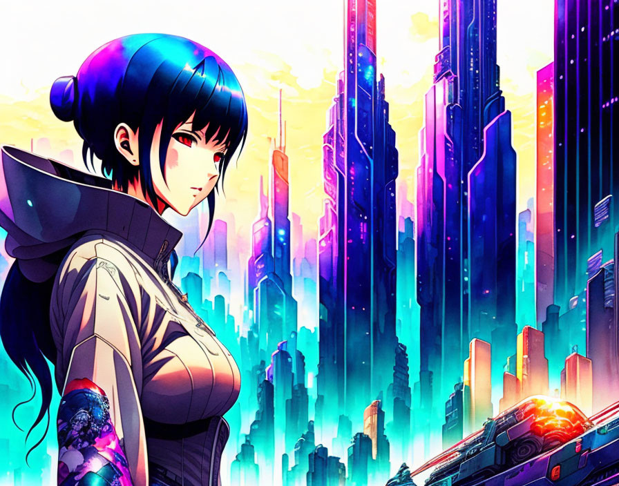 Blue-haired female anime character in traditional attire against futuristic cityscape.