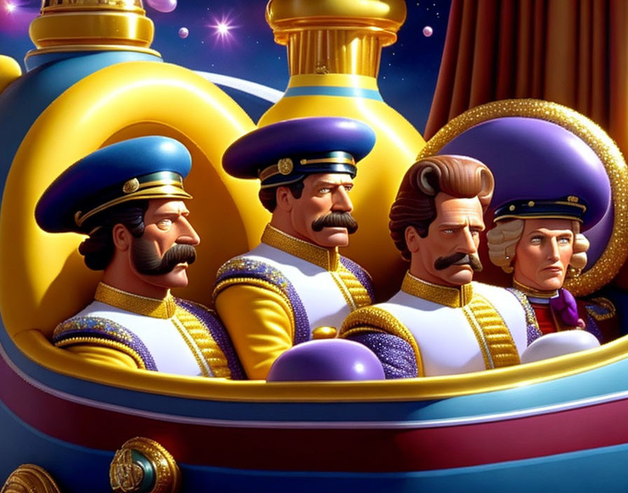 Four animated characters in ornate military uniforms with prominent mustaches seated closely together.