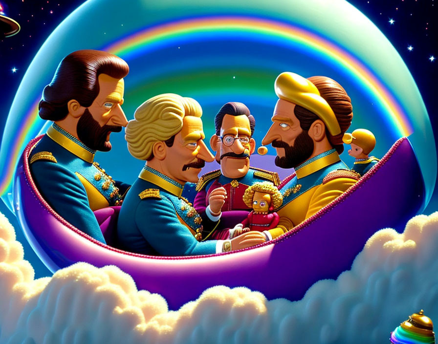 Five Mustachioed Characters Riding Rainbow in Starry Sky with Baby and Spinning Tops