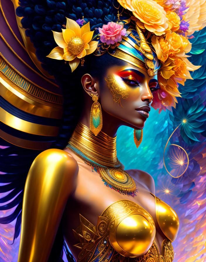 Woman with Golden Jewelry and Floral Headdress in Colorful Digital Art