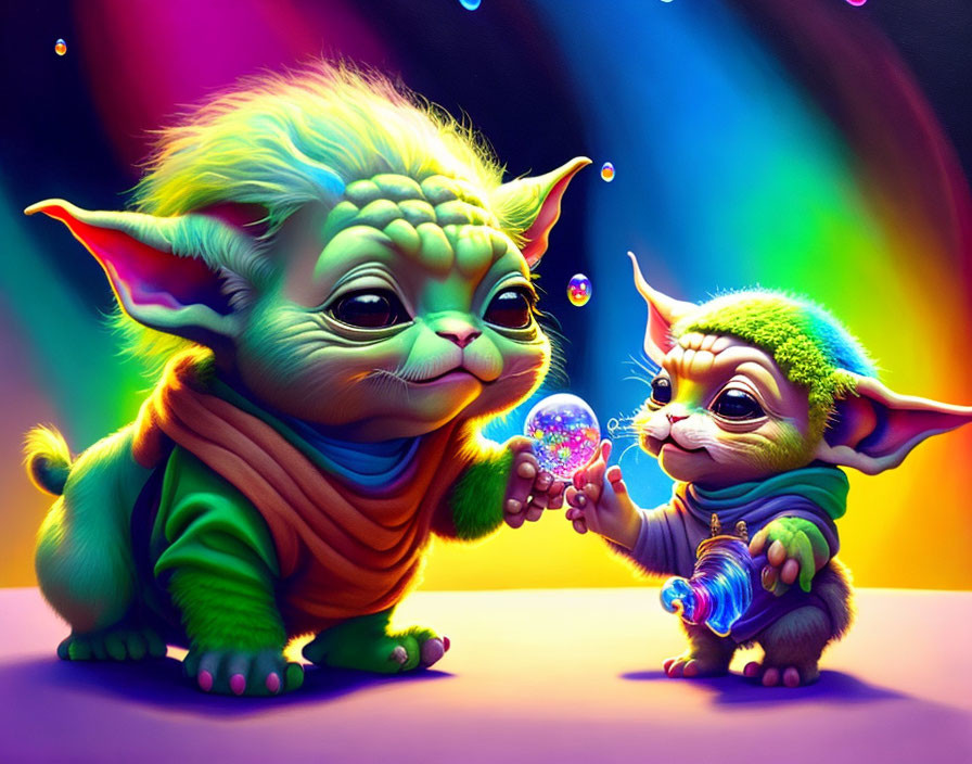 Stylized creatures play with glowing orb and bubbles on vibrant background