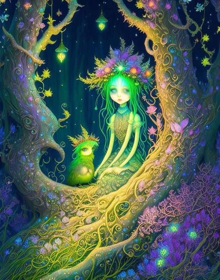 Green-Haired Fairy with Floral Headpiece on Ornate Tree with Glowing Creature