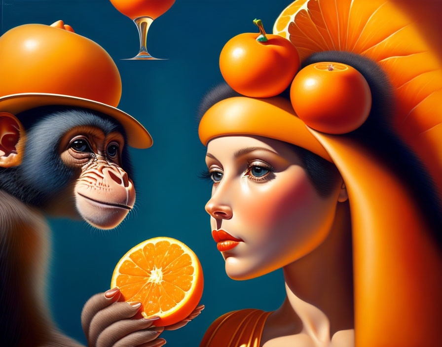 Surreal artwork of woman and monkey in orange attire on blue background