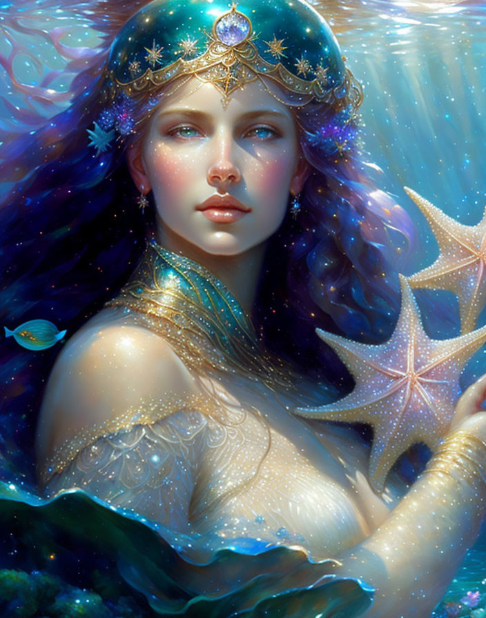 Ethereal woman with starfish and tiara in underwater scene.