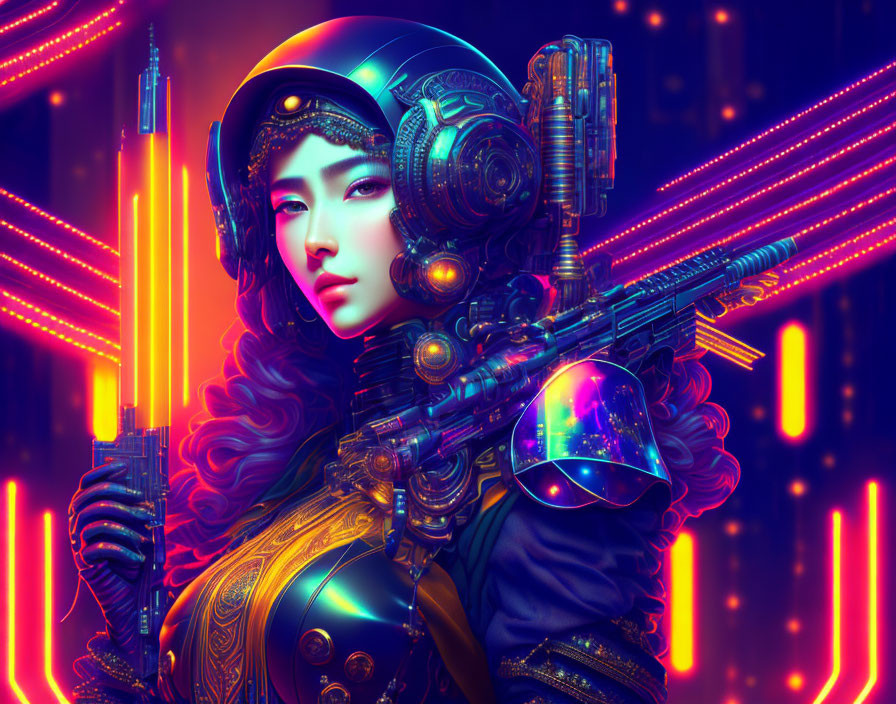 Futuristic female warrior in elaborate armor amid neon lights