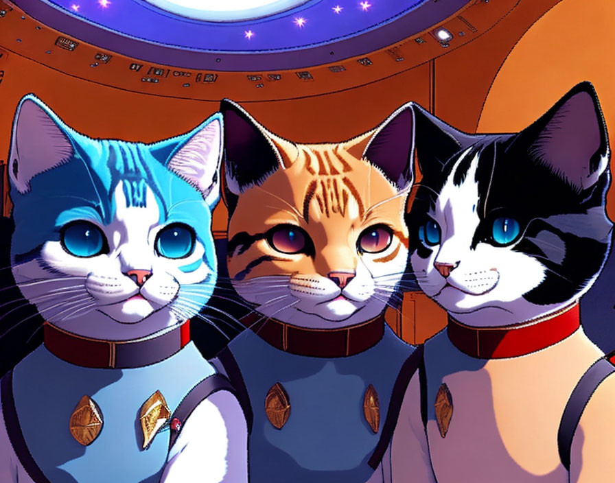 Three Cats in Space Suits by Spaceship Window