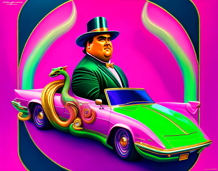 Colorful Illustration: Stout Man in Green Suit Riding Serpent Car