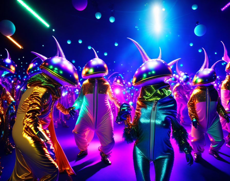 Futuristic party scene with people in metallic space suits dancing under neon lights