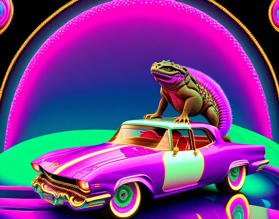 Colorful digital art: Iguana on classic car with neon wheels in psychedelic setting