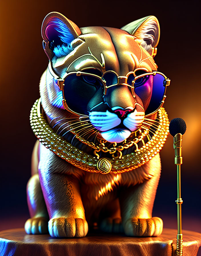 Stylized illustration of panther with sunglasses and gold chains on stage