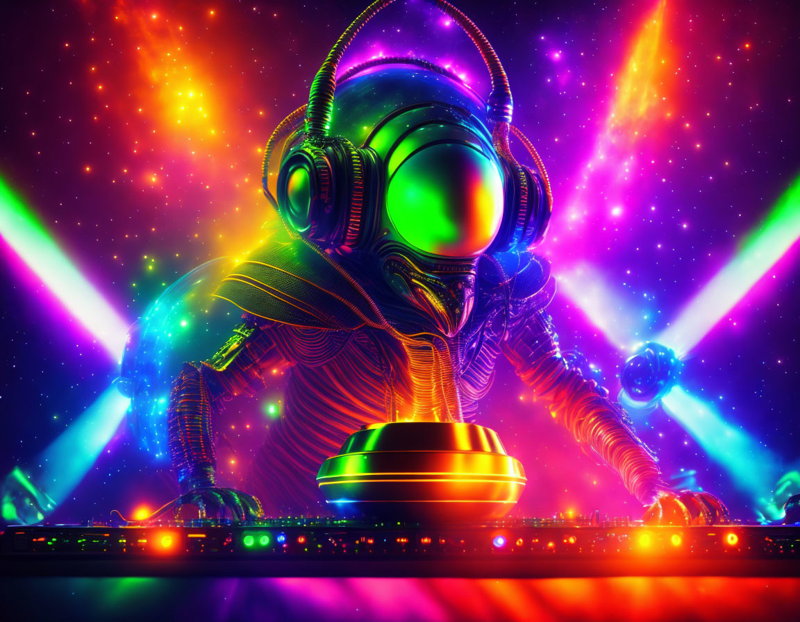 Colorful Astronaut DJ Mixing Tracks in Space Suit