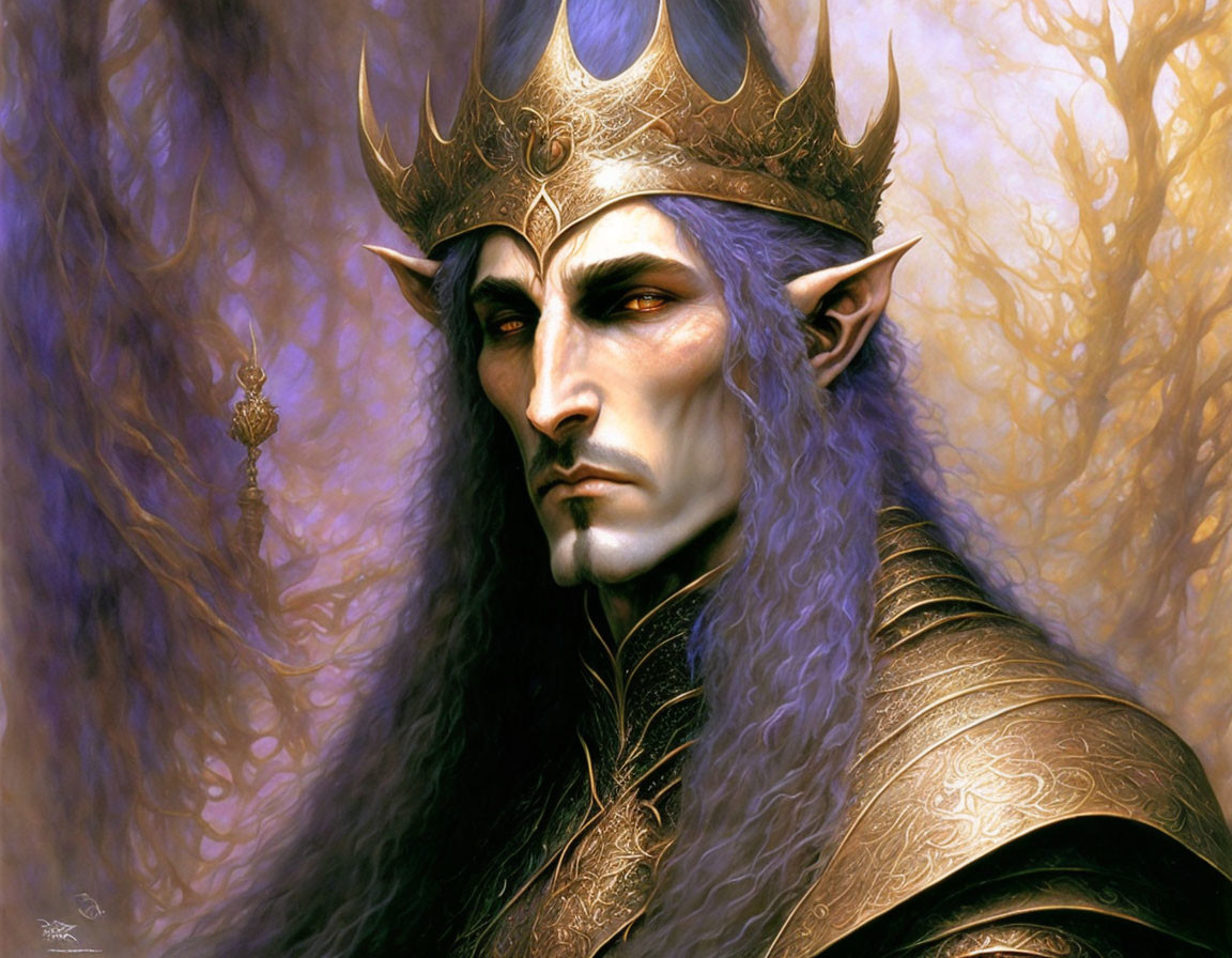 Elven king illustration with pointed ears and golden crown