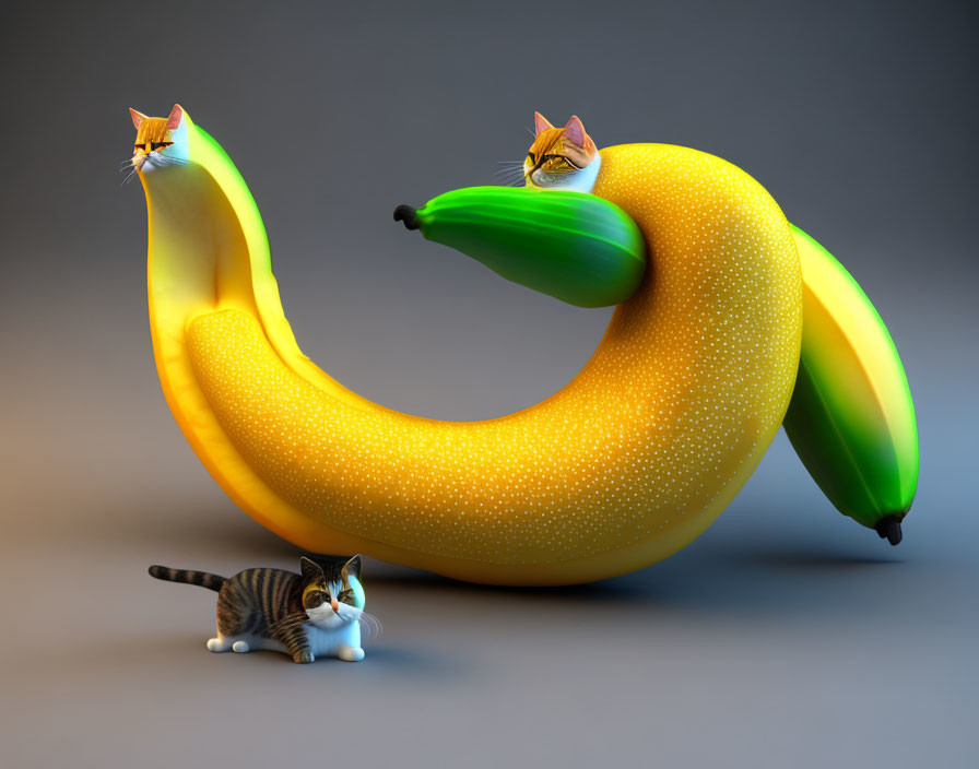 Cartoon cats with giant bananas in playful scenes