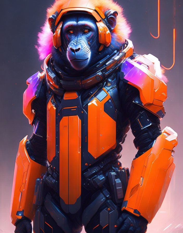 Baboon in futuristic orange space suit against neon background