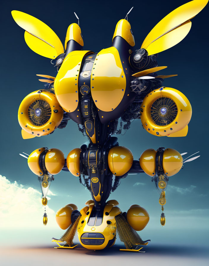 Yellow and Black Robotic Bee with Mechanical Details on Blue Sky Background