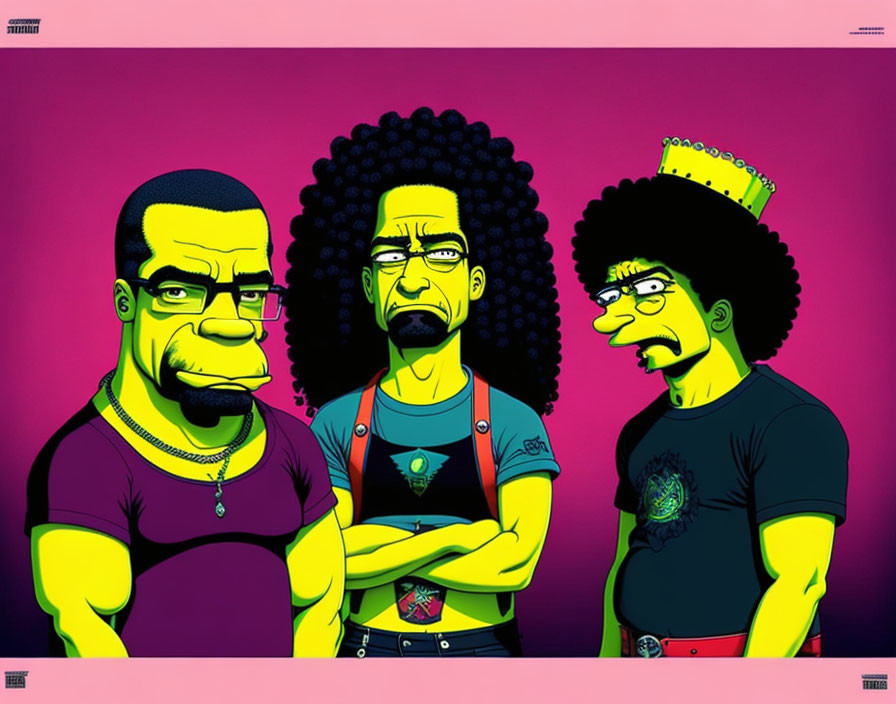 Exaggerated cartoon characters in bright colors with stern expressions