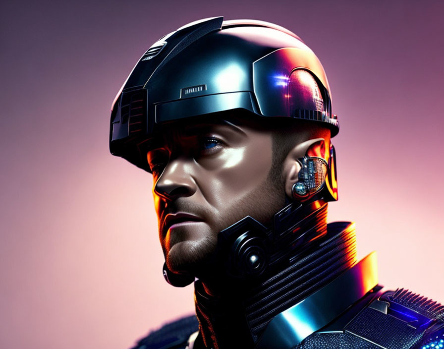 Man in futuristic helmet and suit on purple background