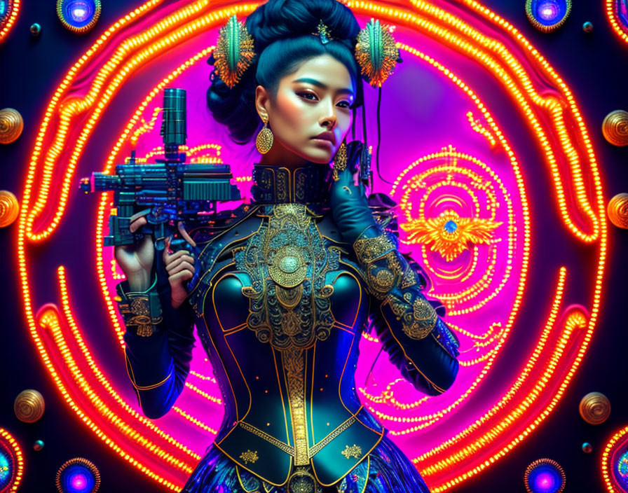 Futuristic armored woman with weapon in vibrant neon mandala setting