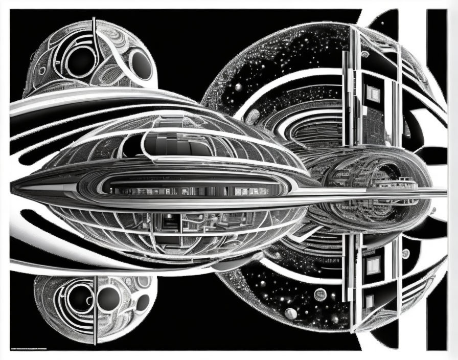 Symmetrical Black and White Abstract Digital Artwork with Futuristic Space Station Themes