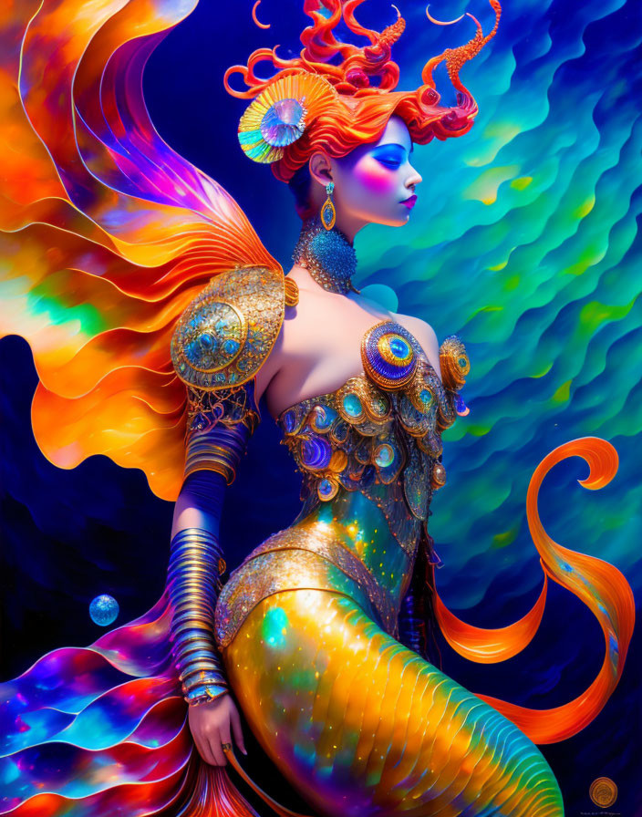 Mermaid in Gold Armor with Fiery Red Hair on Blue Background