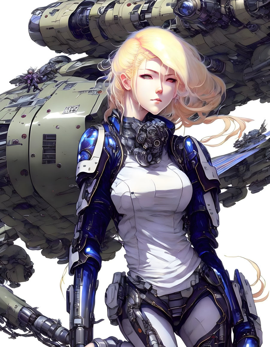 Blonde individual in futuristic armor with mechanical structure in background